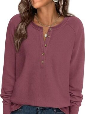✨Prettygarden Women's Long Sleeve Henley Slim Fit Top Large Mauve NWT